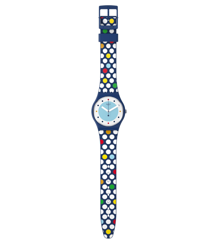 Montre 'Spots of Joy' Montre avec motif à pois Montre SO28N115 Montre Quartz Montre biosourcée Montre avec bracelet en silicone Montre bleue Montre résistante à l'eau Collection Le Comptoir des Montres Montre avec boucle en plastique Montre écologique Cadeau parfait pour les amateurs de montres Montre de luxe Montre unique.""""