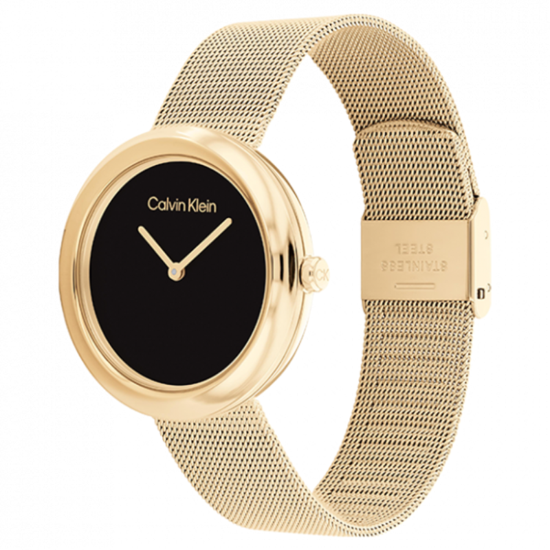 Montre Calvin Klein, Twisted Bezel, Métal Doré, Quartz, affichage analogique, boîtier rond, bracelet en métal doré, cadran épuré, étanchéité 30 mètres, élégance chic, style contemporain.