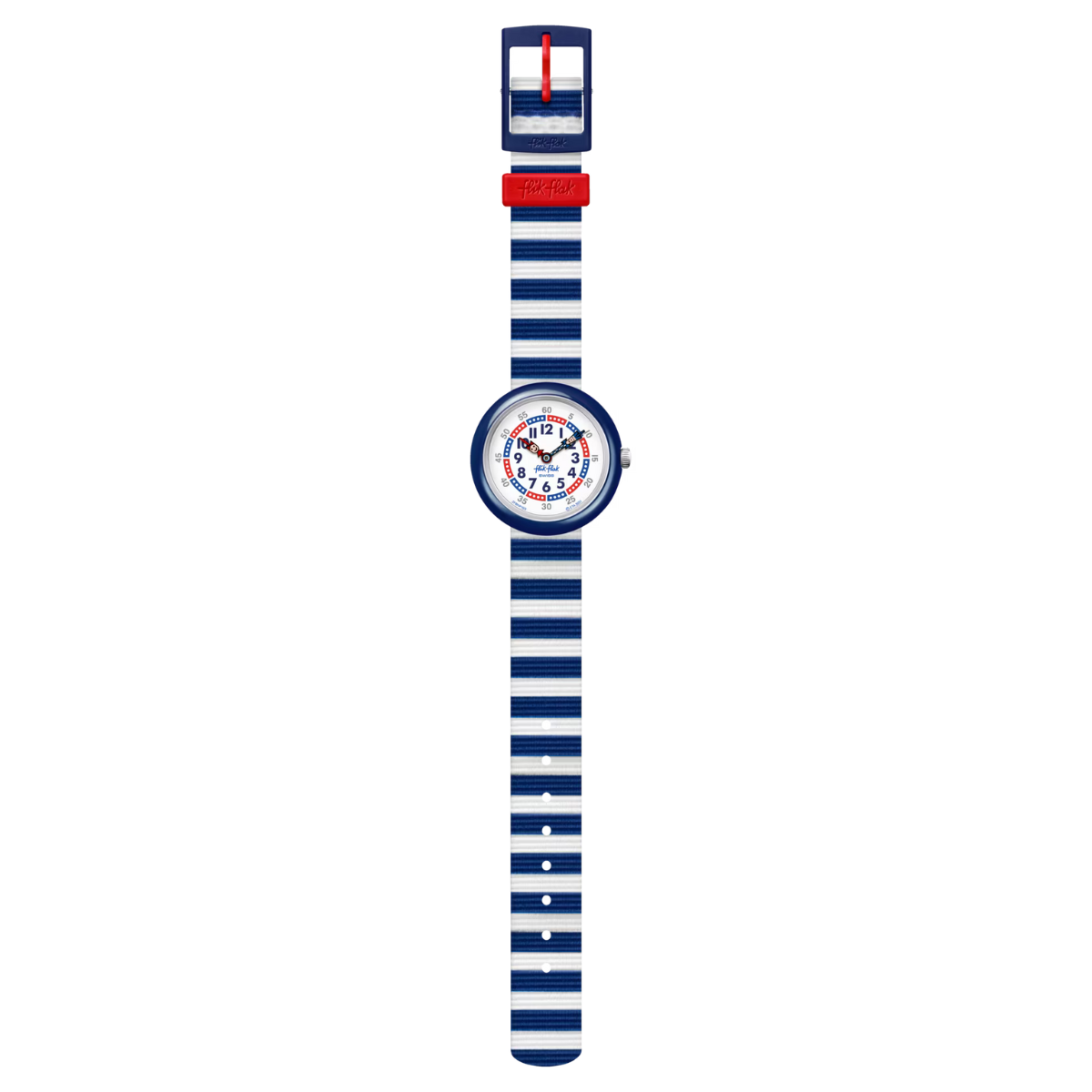 : Montre Maroc, Flik Flak, Le Comptoir des Montres, Little Boat, montre pour enfants, design ludique, couleurs vives, apprentissage de l'heure, cadran blanc, boîtier en plastique bio-sourcé bleu, bracelet en PET recyclé bleu, mouvement à quartz, étanche 3 Bar, cadeau enfant.