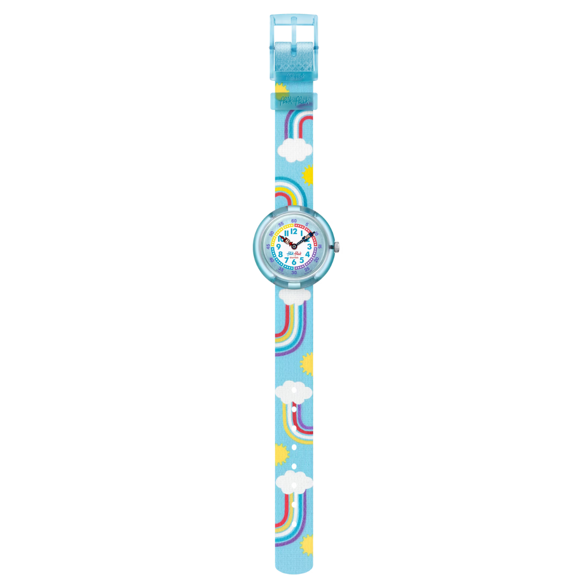Montre Maroc, Flik Flak, Le Comptoir des Montres, Rainbow Dreams, montre éducative pour enfants, cadran coloré, effet métallisé, apprentissage de l'heure, cadran arc-en-ciel, boîtier en plastique bio-sourcé bleu, bracelet en PET recyclé bleu, mouvement à quartz, étanche 3 Bar, cadeau enfant.