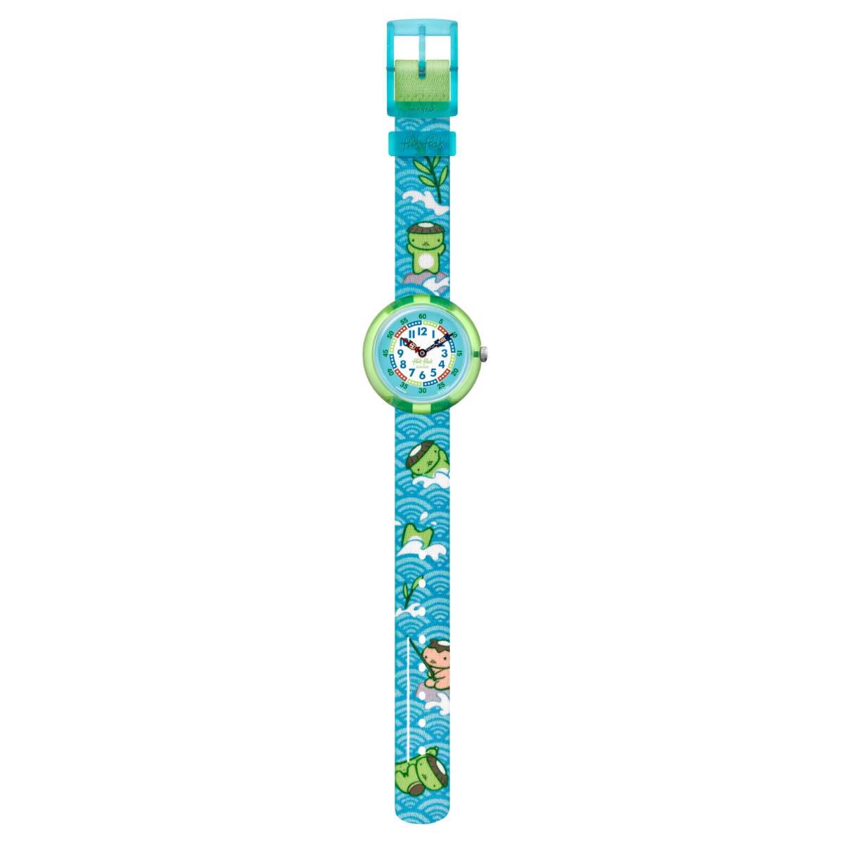 Montre Maroc, Flik Flak, Le Comptoir des Montres, KAWATARO, montre pour enfants, Kappa, design ludique, apprentissage de l'heure, chiffres clairs, boîtier en plastique bio-sourcé vert, bracelet en PET recyclé bleu, mouvement à quartz, étanche 3 Bar, cadeau enfant, aventure, imagination, jeu en plein air.