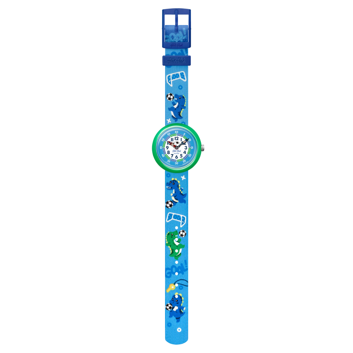Montre Maroc, Flik Flak, Le Comptoir des Montres, SOCCEROZAURUS, montre pour enfants, dinosaures, passion pour le football, cadran bleu vif, chiffres clairs, boîtier en plastique bio-sourcé vert, bracelet en PET recyclé bleu, mouvement à quartz, étanche 3 Bar, cadeau enfant, sport, amusement, lecture de l'heure.