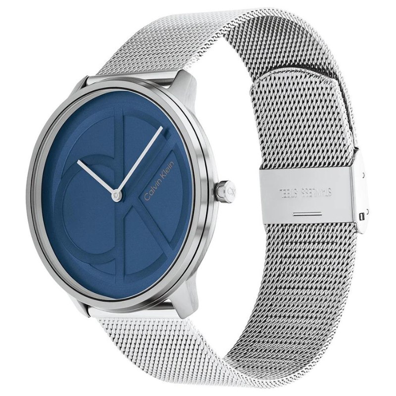 Montre Calvin Klein, Iconic Mesh, 25200031, bracelet en acier inoxydable, cadran bleu, design minimaliste, style professionnel, élégance et simplicité pour femmes.