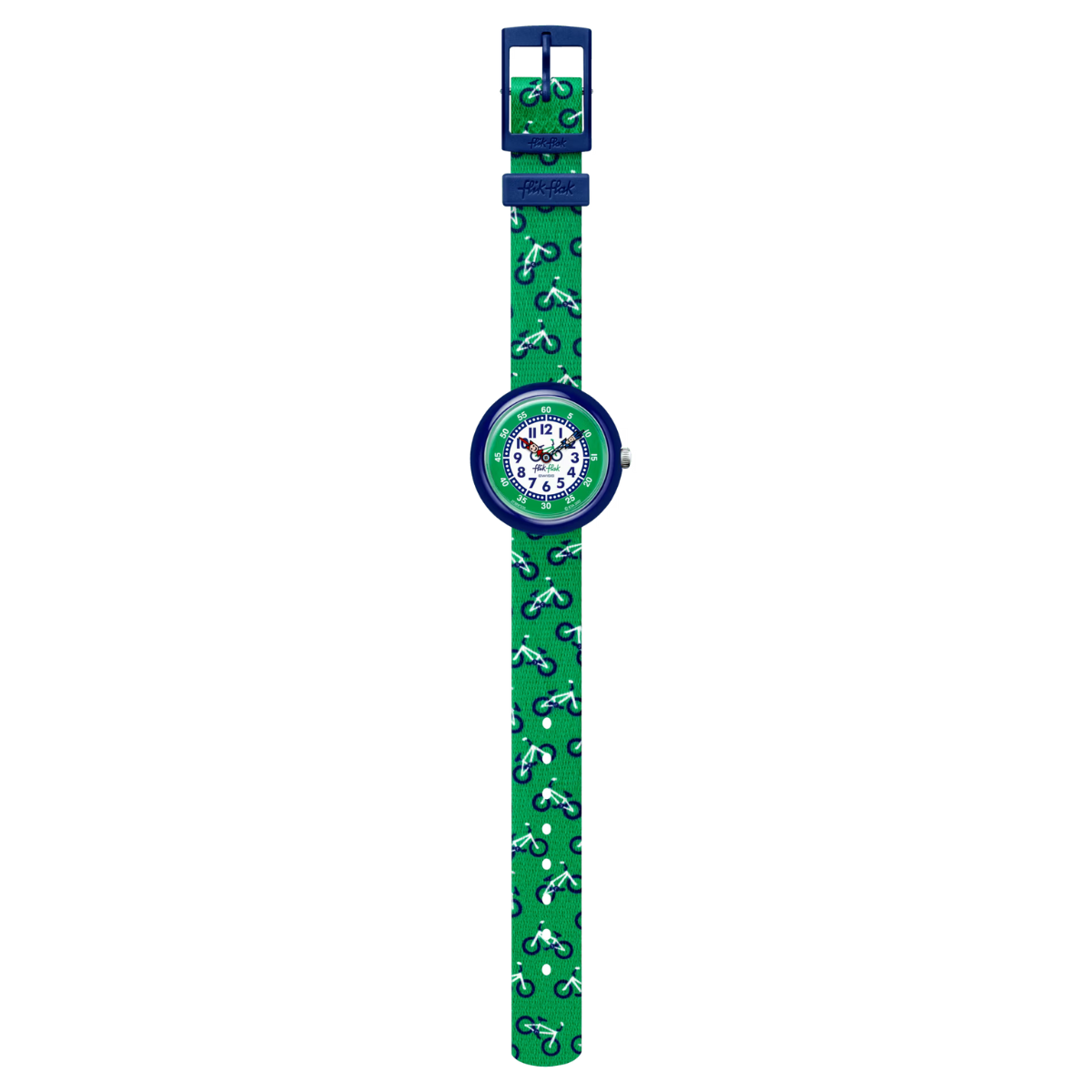Montre Maroc, Flik Flak, Le Comptoir des Montres, BIKYWAY, montre pour enfants, style intergalactique, cadran bleu, étoiles, éléments cosmiques, boîtier en plastique bio-sourcé vert, bracelet en PET recyclé bleu, mouvement à quartz, étanche 3 Bar, cadeau éducatif, passion pour l'astronomie, lecture de l'heure, design captivant, aventures spatiales, imagination.