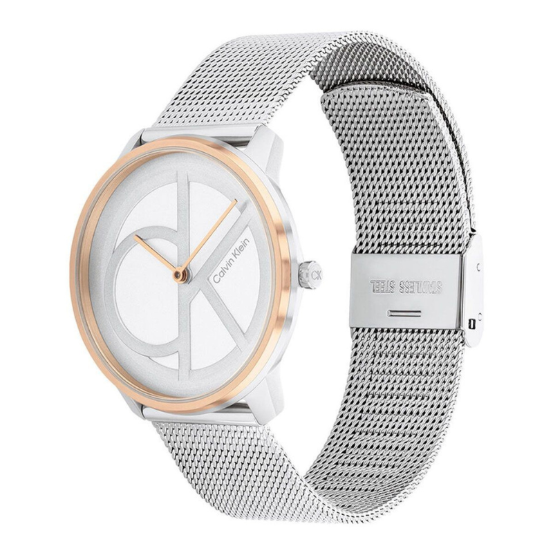 Montre Calvin Klein, Iconic Mesh, Quartz, bracelet en acier, finition doré rose, cadran blanc, étanchéité 3 ATM, style classique, élégance et raffinement pour femmes.