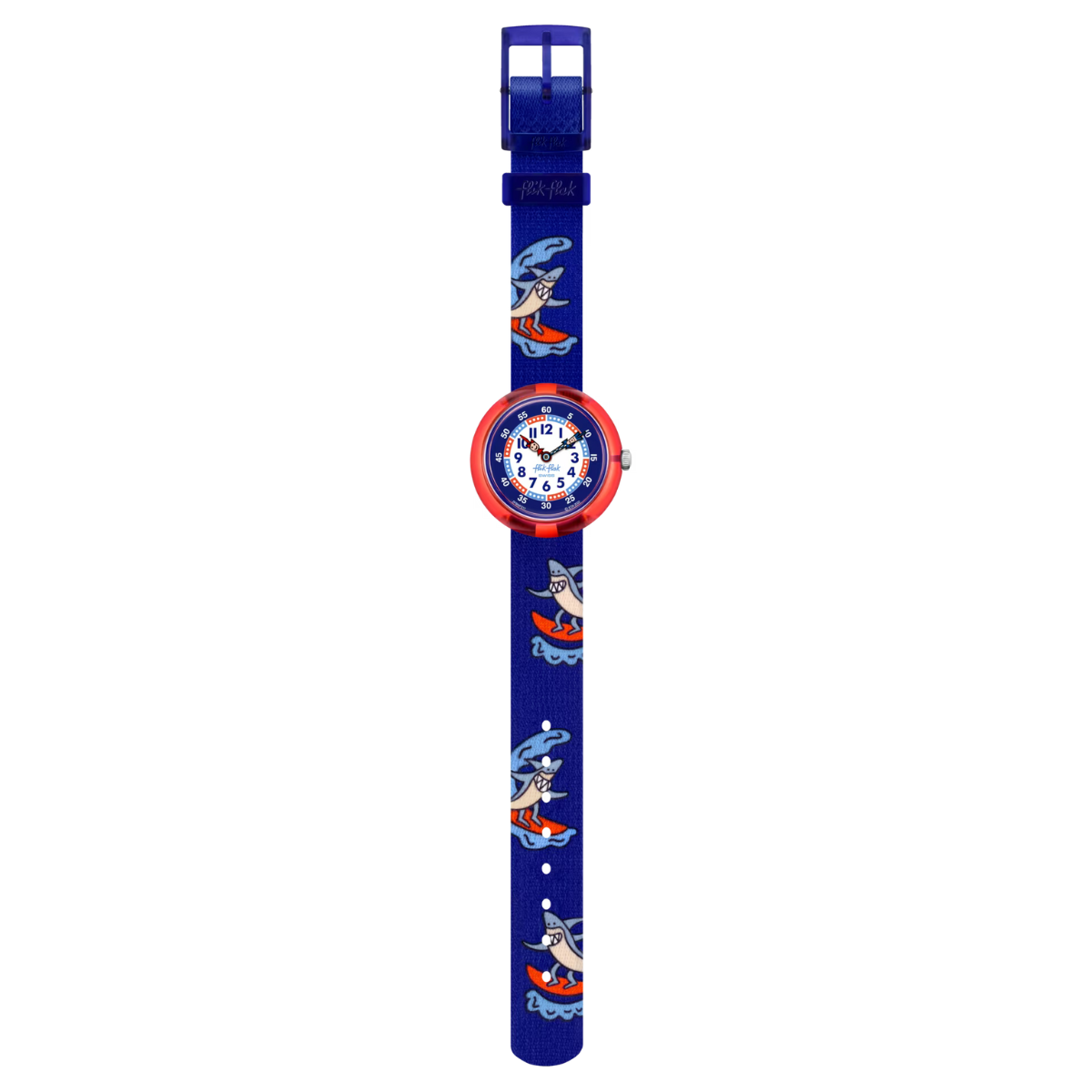 Montre Maroc, Flik Flak, Le Comptoir des Montres, YEEEW, montre pour enfants, requins souriants, cadran bleu, chiffres clairs, design amusant, boîtier orange en plastique bio-sourcé, bracelet en PET recyclé bleu, mouvement à quartz, étanche 3 Bar, cadeau éducatif, exploration marine, lecture de l'heure, aventure sous-marine, imagination.