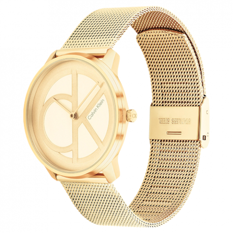 Montre Calvin Klein, Iconic Mesh, métal doré, mouvement à quartz, cadran rond, bracelet en maille, élégance, glamour, résistante aux éclaboussures, style tendance pour femmes.