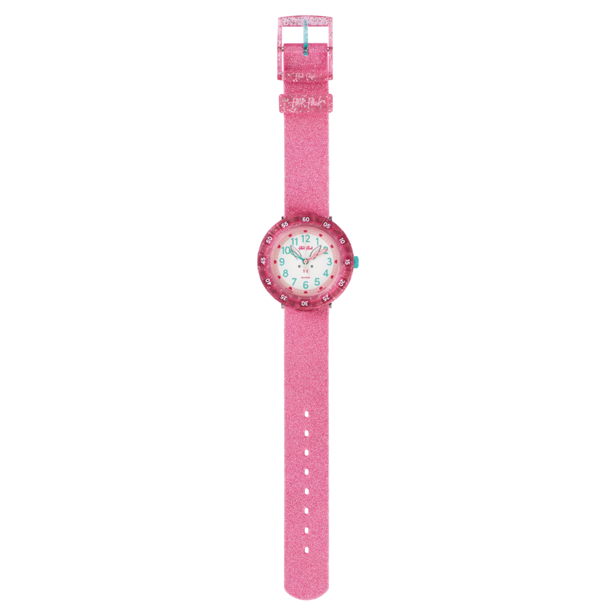 Montre Maroc, Flik Flak, Le Comptoir des Montres, BUNNYAXUS, montre pour enfants, boîtier rose étincelant, lunette rotative, chiffres clairs, cadran blanc, boîtier étanche, résistant aux chocs, bracelet en silicone rose, mouvement à quartz, étanche 3 Bar, design enchanteur, apprentissage de l'heure, style éblouissant, fabrication suisse.