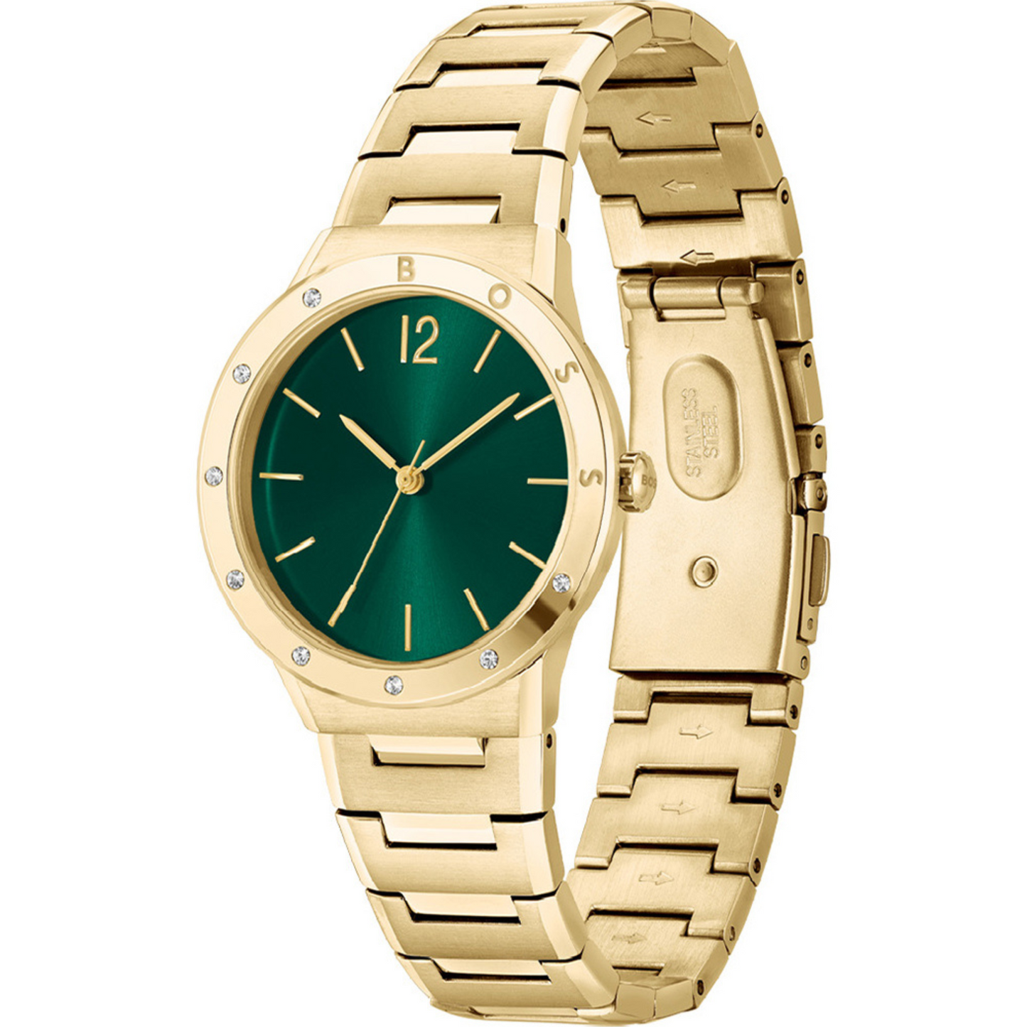 montre Hugo Boss 1502649 Breath est un véritable bijou de qualité. Son boîtier en acier inoxydable de couleur or abrite un cadran vert élégant, mettant en valeur les aiguilles dorées. Le mouvement quartz précis de Seiko Instruments Inc. assure une excellente précision.