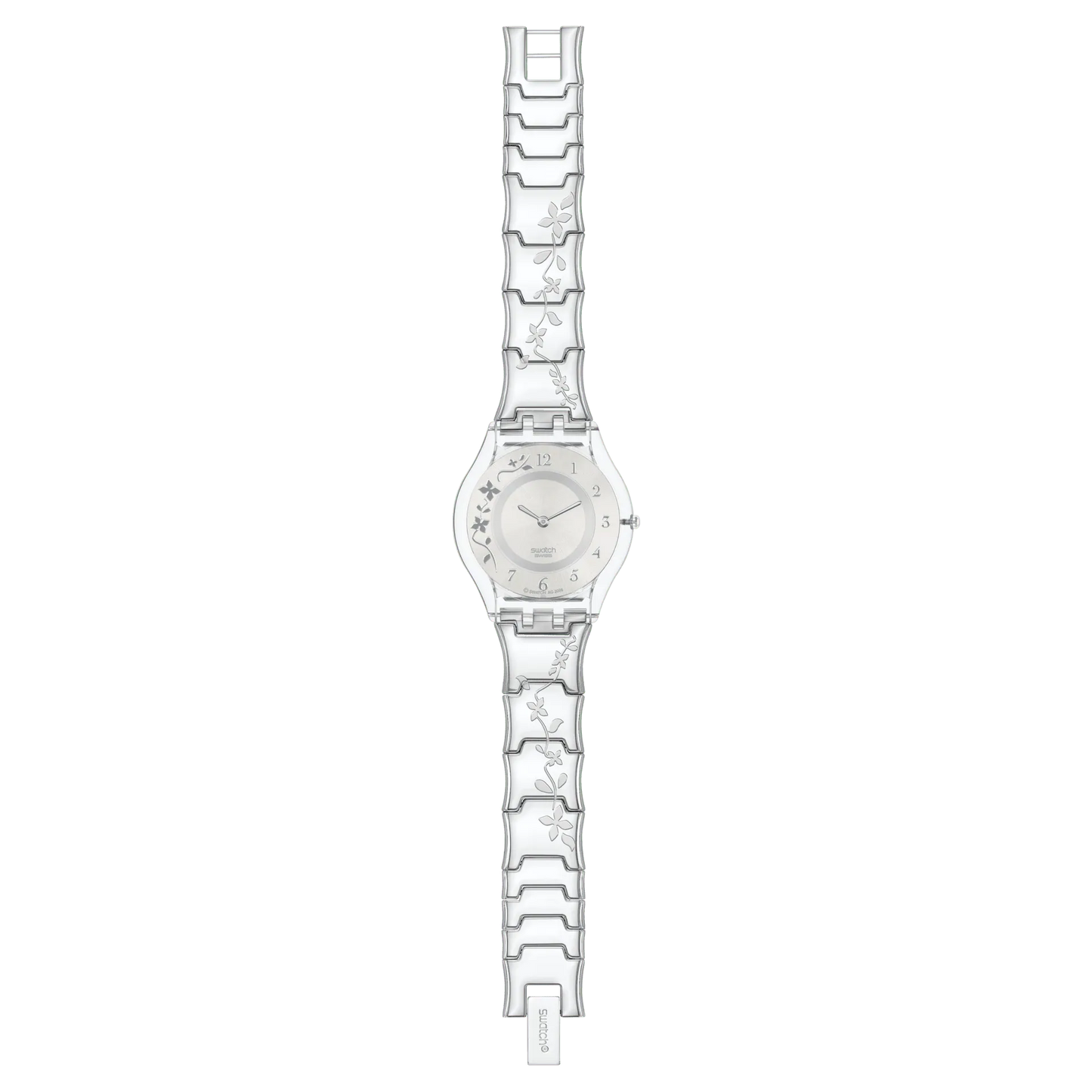 CLIMBER FLOWERY Un charmant motif floral en acier sur acier. Une fleur gravée en acier grimpe à travers les élégants maillons arqués en acier du bracelet. Cette Skin raffinée et délicatement dessinée a un boîtier en plastique transparent et un cadran argenté brossé soleil sur lequel un motif en applique de fleur argentée complète les chiffres arabes argentés et polis aux heures 1 à 7 et 12. Délicates aiguilles des heures et des minutes aux extrémités rondes. SS08K100G