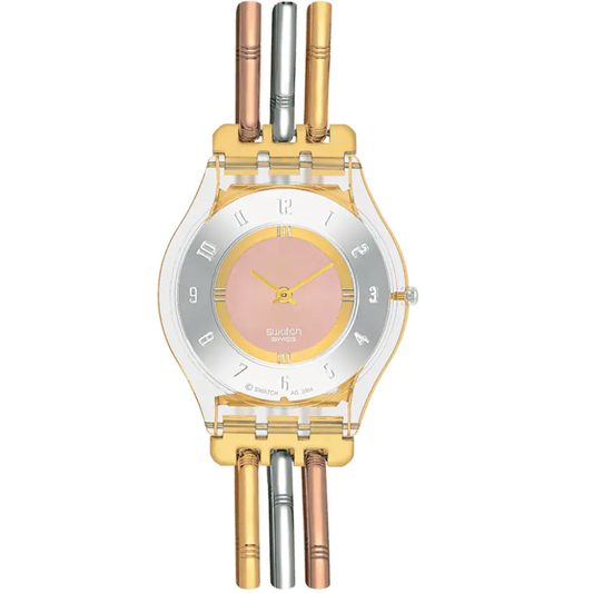 Montre 'Tri-Gold'  Montre SS08K101  Montre Quartz  Montre avec bracelet en acier inoxydable ajustable  Montre jaune  Montre résistante à l'eau  Collection Le Comptoir des Montres  Montre avec boucle bijoux  Montre biosourcée  Cadeau parfait pour les amateurs de montres  Montre de luxe  Montre unique  Montre élégante  Montre durable."