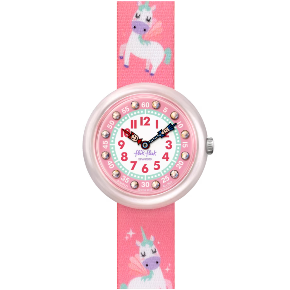 Montre Maroc, Flik Flak, Le Comptoir des Montres, Magical Dream, montre suisse, montre pour enfants, licornes, cadran imprimé digital, pierres précieuses, boîtier en plastique nacré, bracelet en PET recyclé, mouvement à quartz, étanche 3 Bar, boucle de fermoir, cadeau enfant.