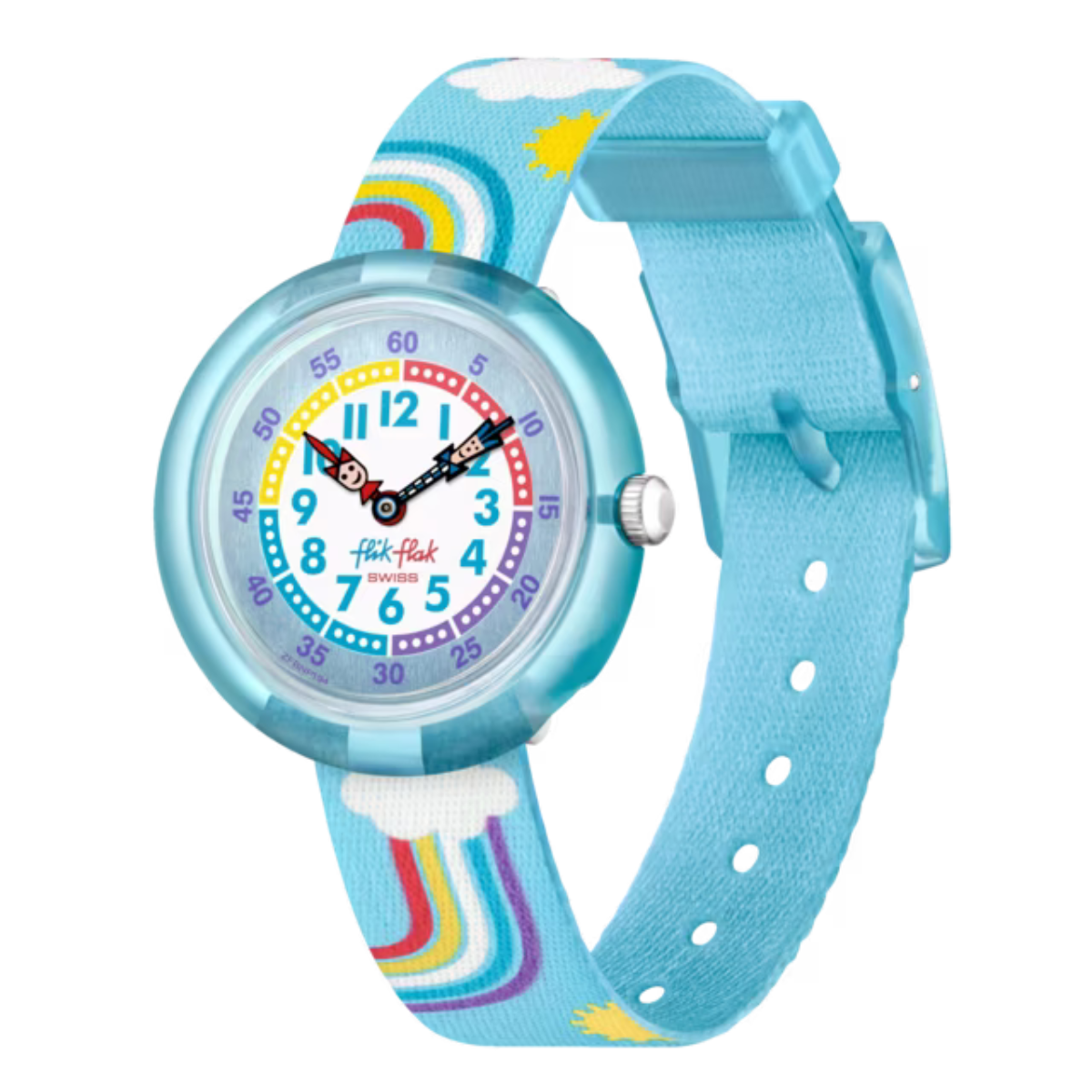  Montre Maroc, Flik Flak, Le Comptoir des Montres, Rainbow Dreams, montre éducative pour enfants, cadran coloré, effet métallisé, apprentissage de l'heure, cadran arc-en-ciel, boîtier en plastique bio-sourcé bleu, bracelet en PET recyclé bleu, mouvement à quartz, étanche 3 Bar, cadeau enfant.