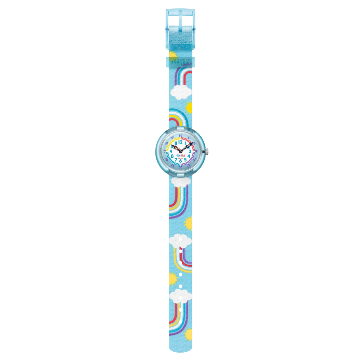  Montre Maroc, Flik Flak, Le Comptoir des Montres, Rainbow Dreams, montre éducative pour enfants, cadran coloré, effet métallisé, apprentissage de l'heure, cadran arc-en-ciel, boîtier en plastique bio-sourcé bleu, bracelet en PET recyclé bleu, mouvement à quartz, étanche 3 Bar, cadeau enfant.