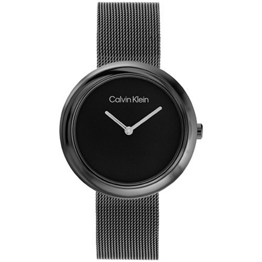 Montre Calvin Klein, CK Fashion, Twisted Bezel, boîtier en acier inoxydable, cadran noir, bracelet en acier inoxydable milanais, design moderne, étanchéité 30 mètres, élégance et raffinement.