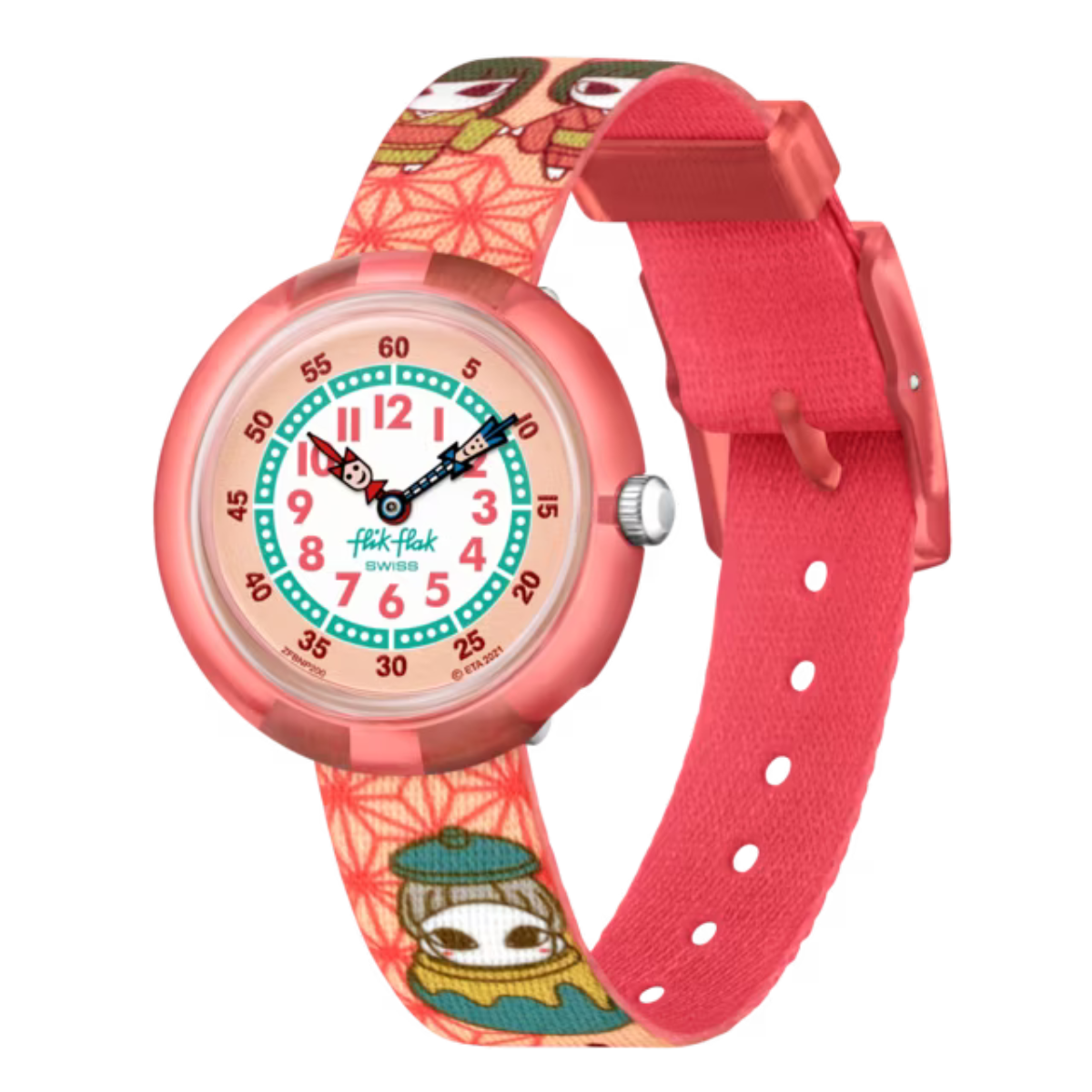 Montre Maroc, Flik Flak, Le Comptoir des Montres, ZASHIKI-WARASHI, montre éducative pour enfants, joyeux esprits, cadran orange vif, apprentissage de l'heure, chiffres clairs, boîtier en plastique bio-sourcé orange, bracelet en PET recyclé orange, mouvement à quartz, étanche 3 Bar, cadeau enfant, magie, chance.