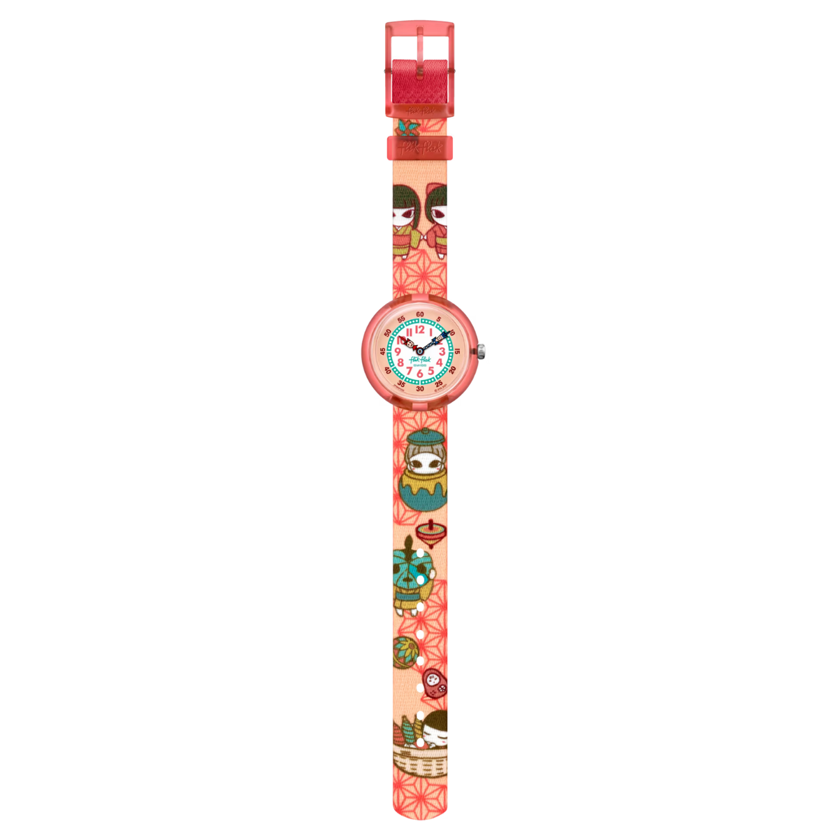 Montre Maroc, Flik Flak, Le Comptoir des Montres, ZASHIKI-WARASHI, montre éducative pour enfants, joyeux esprits, cadran orange vif, apprentissage de l'heure, chiffres clairs, boîtier en plastique bio-sourcé orange, bracelet en PET recyclé orange, mouvement à quartz, étanche 3 Bar, cadeau enfant, magie, chance.