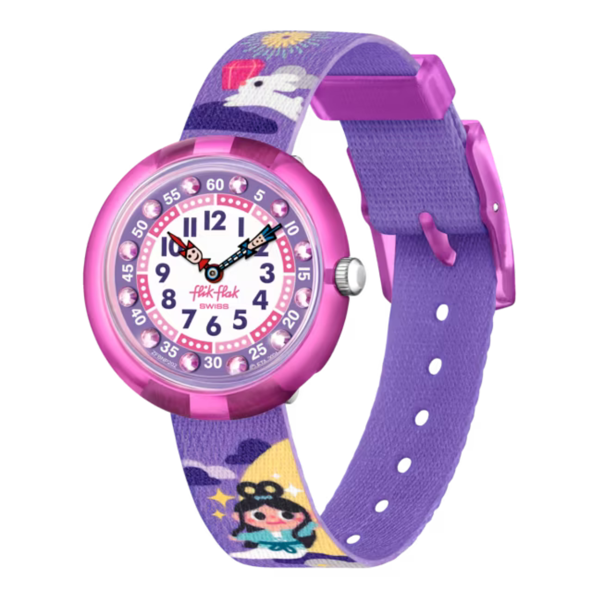 Montre Maroc, Flik Flak, Le Comptoir des Montres, CHANG'E AND THE JADE RABBIT, montre pour enfants, légende chinoise, déesse de la lune, Jade Rabbit, cadran violet, chiffres clairs, boîtier en plastique bio-sourcé rose, bracelet en PET recyclé violet, mouvement à quartz, étanche 3 Bar, cadeau enfant, conte mystique, aventure, imagination