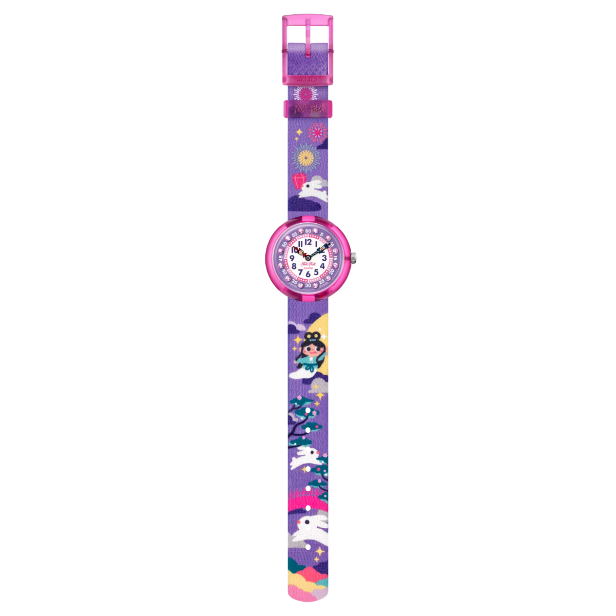 Montre Maroc, Flik Flak, Le Comptoir des Montres, CHANG'E AND THE JADE RABBIT, montre pour enfants, légende chinoise, déesse de la lune, Jade Rabbit, cadran violet, chiffres clairs, boîtier en plastique bio-sourcé rose, bracelet en PET recyclé violet, mouvement à quartz, étanche 3 Bar, cadeau enfant, conte mystique, aventure, imagination