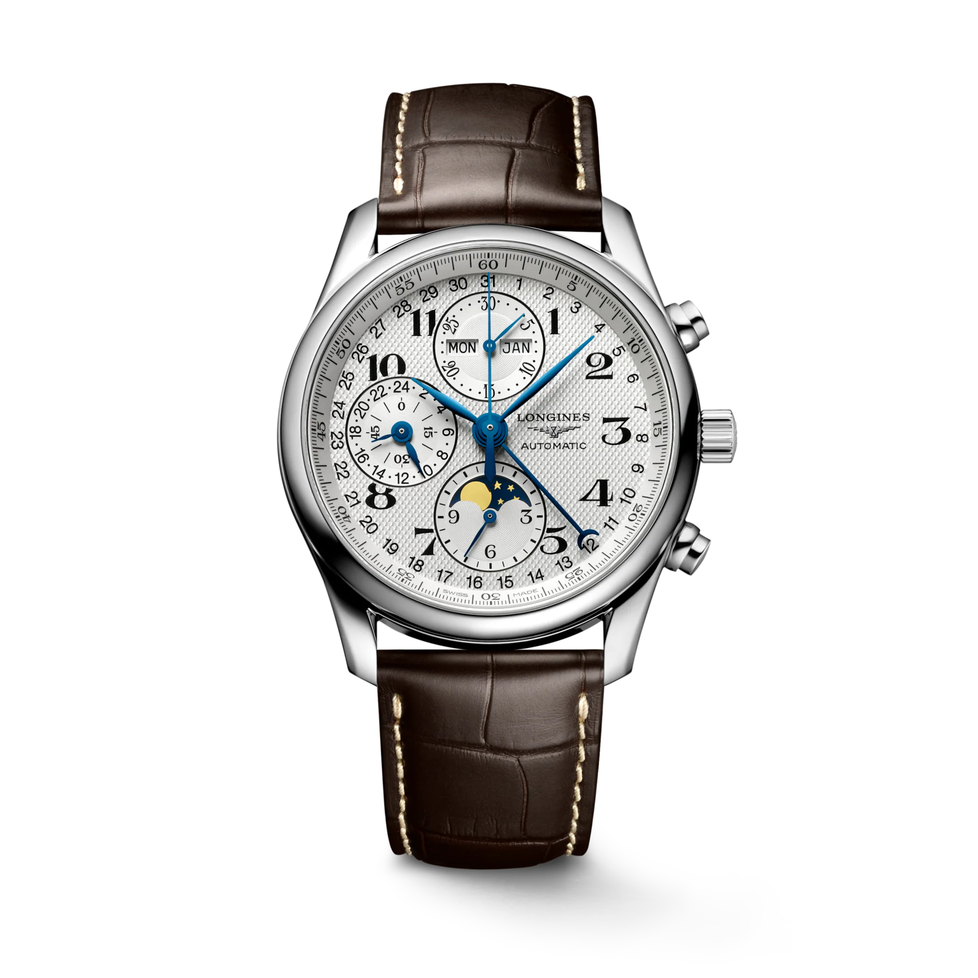 Montre Longines Master Collection Maroc Montre Automatique de Luxe Maroc Montre Ronde avec Phase de Lune Maroc Montre Cadran Argent "Côtes d'Orge" Maroc Montre Acier Inoxydable Maroc Boutique de Montres au Maroc Le Comptoir des Montres Maroc Montre avec Chronographe et Phase de Lune Maroc Montre Suisse de Prestige Maroc