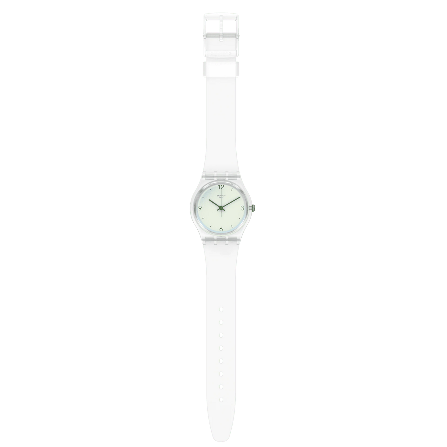 Cette montre masculine possède un verre Swatch Solar Spectrum à effet miroir qui attire tous les regards. Le cadran blanc, avec ses index verts, se démarque du boîtier en plastique transparent brillant et du bracelet en silicone semi-transparent mat.