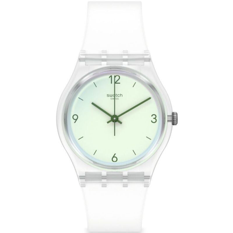 Cette montre masculine possède un verre Swatch Solar Spectrum à effet miroir qui attire tous les regards. Le cadran blanc, avec ses index verts, se démarque du boîtier en plastique transparent brillant et du bracelet en silicone semi-transparent mat.