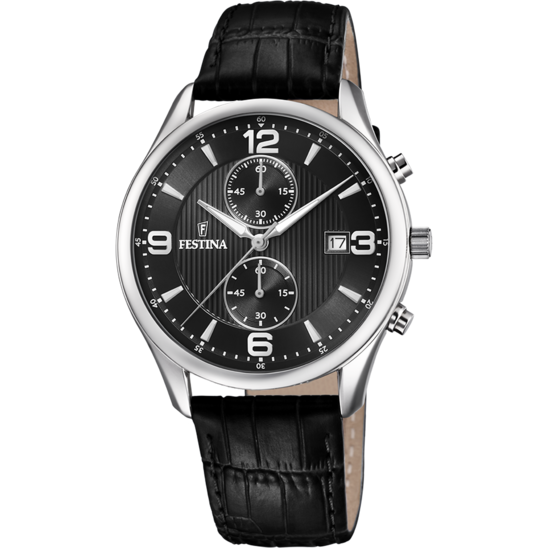 TIMELESS CHRONGRAPHE CADRAN NOIR BRACELET EN CUIR